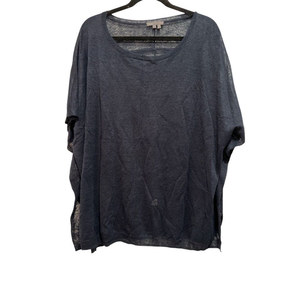 VINCE Knit Poncho Navy Blue Linen Crew Neck‎ Sweater Top Split Side Size Medium